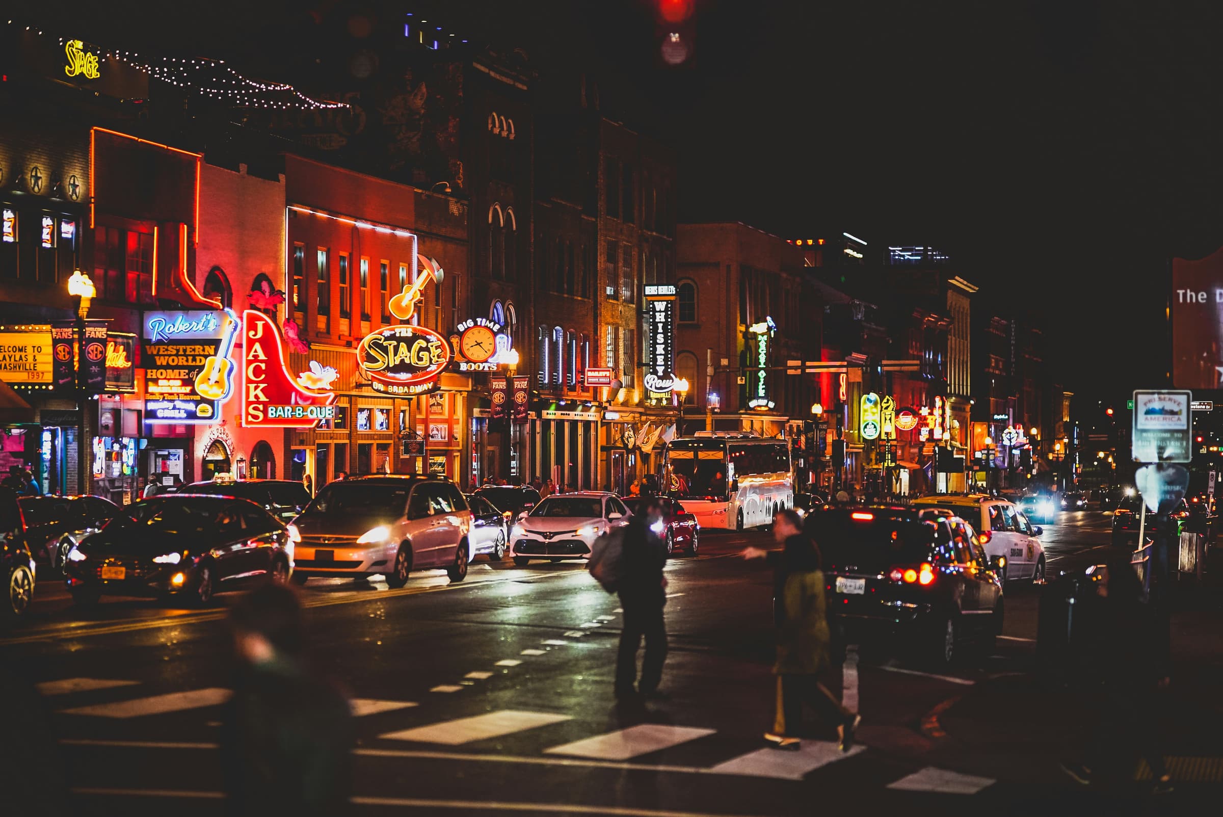 Lower Broadway at night, downtown Nashville